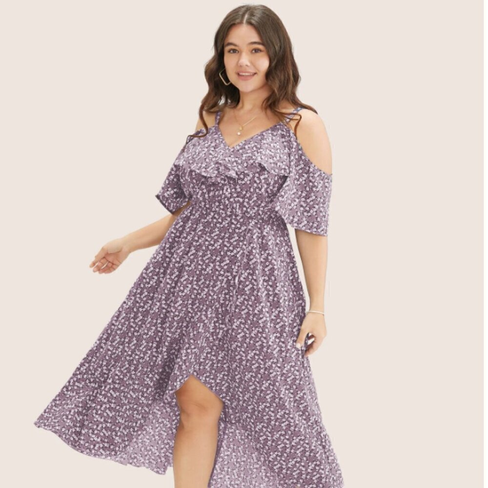 BloomChic Plus Size 2XL Ditsy Floral Pocket Wrap Cold Shoulder Ruffle Dress